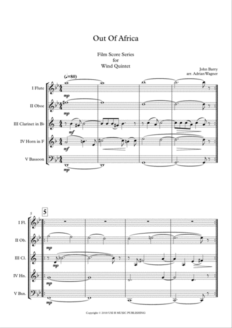 Out Of Africa End Title (you Are Karen) Woodwind Quintet scores gallery preview page 3