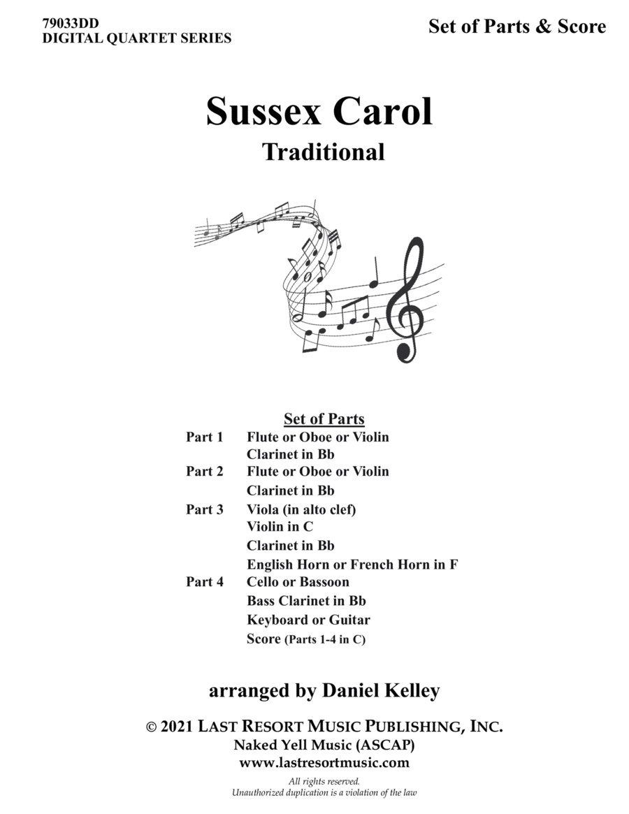 Sussex Carol for String Quartet or Wind Quartet (Mixed Quartet, Double Reed Quartet, or Clarinet Qua