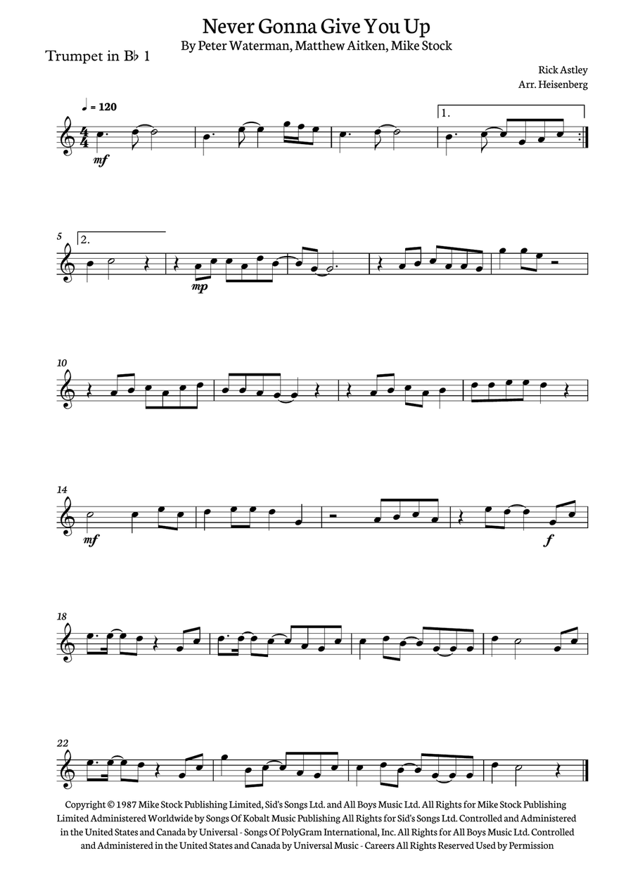 Never Gonna Give You Up Trumpet Duet scores gallery preview page 2
