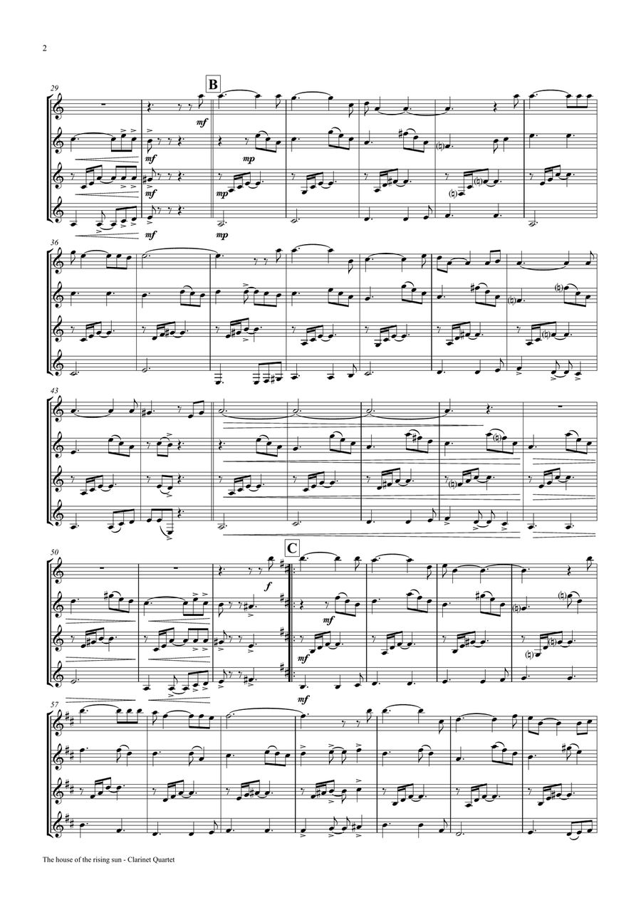 The house of the rising sun - Clarinet Quartet Clarinet Quartet scores gallery preview page 2