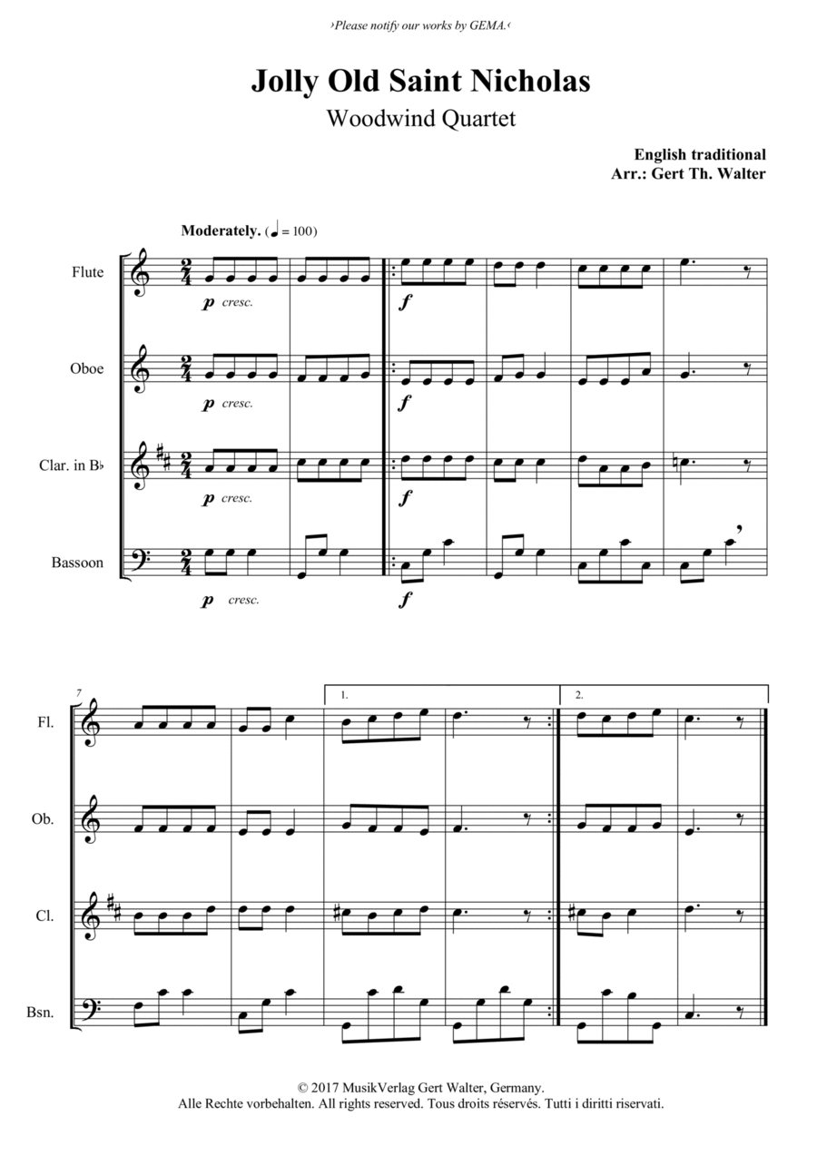 Jolly Old Saint Nicholas Woodwind Quartet scores gallery preview page 1
