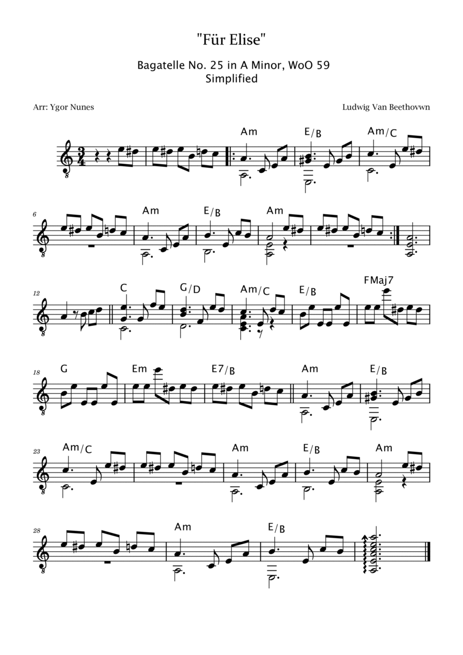 Beethoven - Für Elise - Easy Guitar with Chords Classical Guitar scores gallery preview page 1