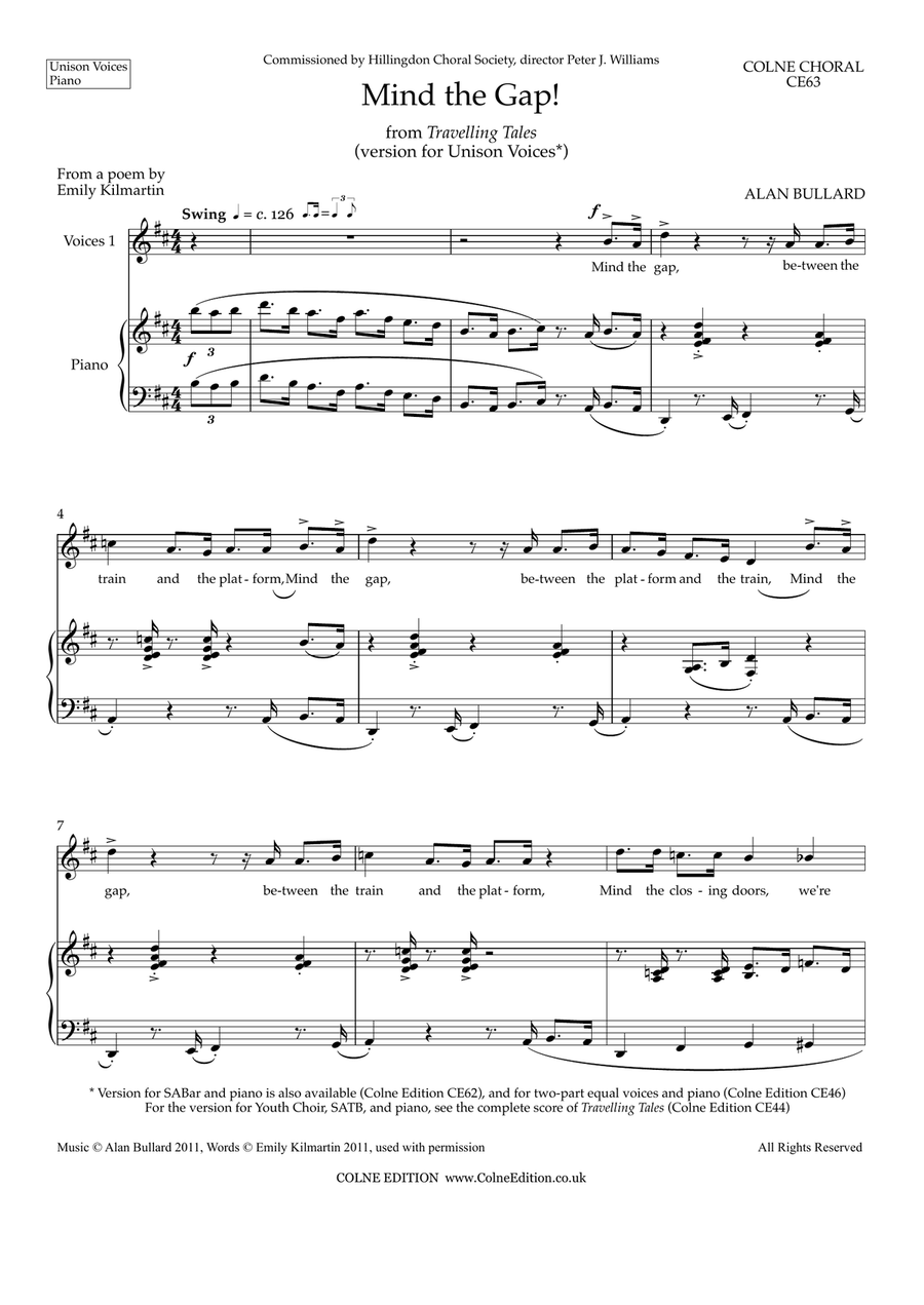 Mind the Gap! (unison voices and piano) Unison Choir scores gallery preview page 1