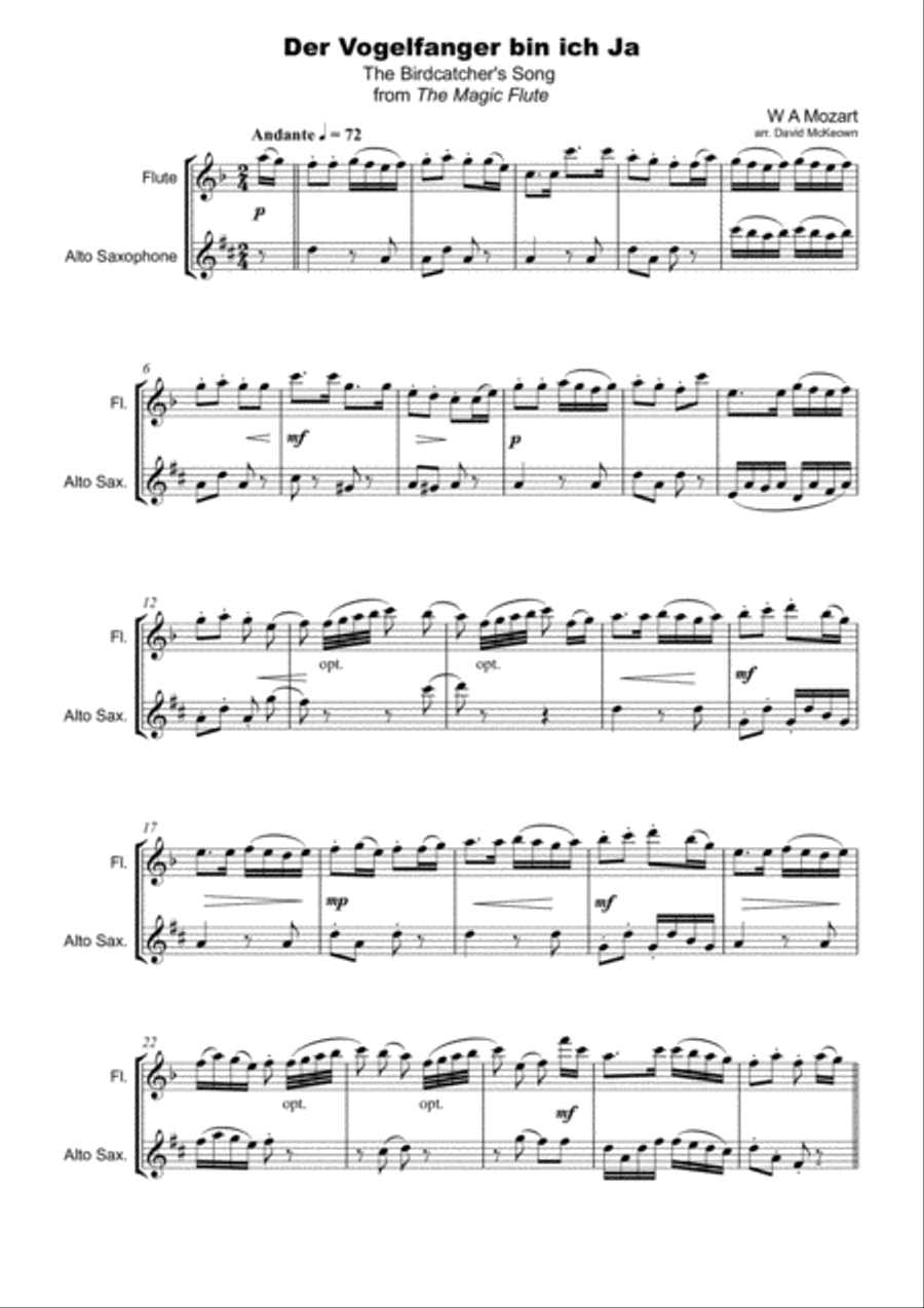The Birdcatcher's Song, from The Magic Flute, Flute and Alto Saxophone Duet Woodwind Duet scores gallery preview page 2