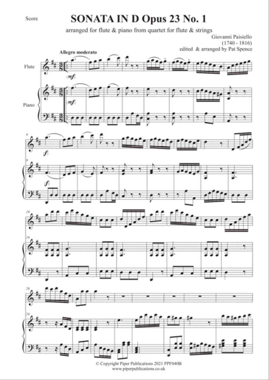PAISIELLO SONATA IN D MAJOR Opus 23 no. 1 for flute & piano Flute Solo scores gallery preview page 2