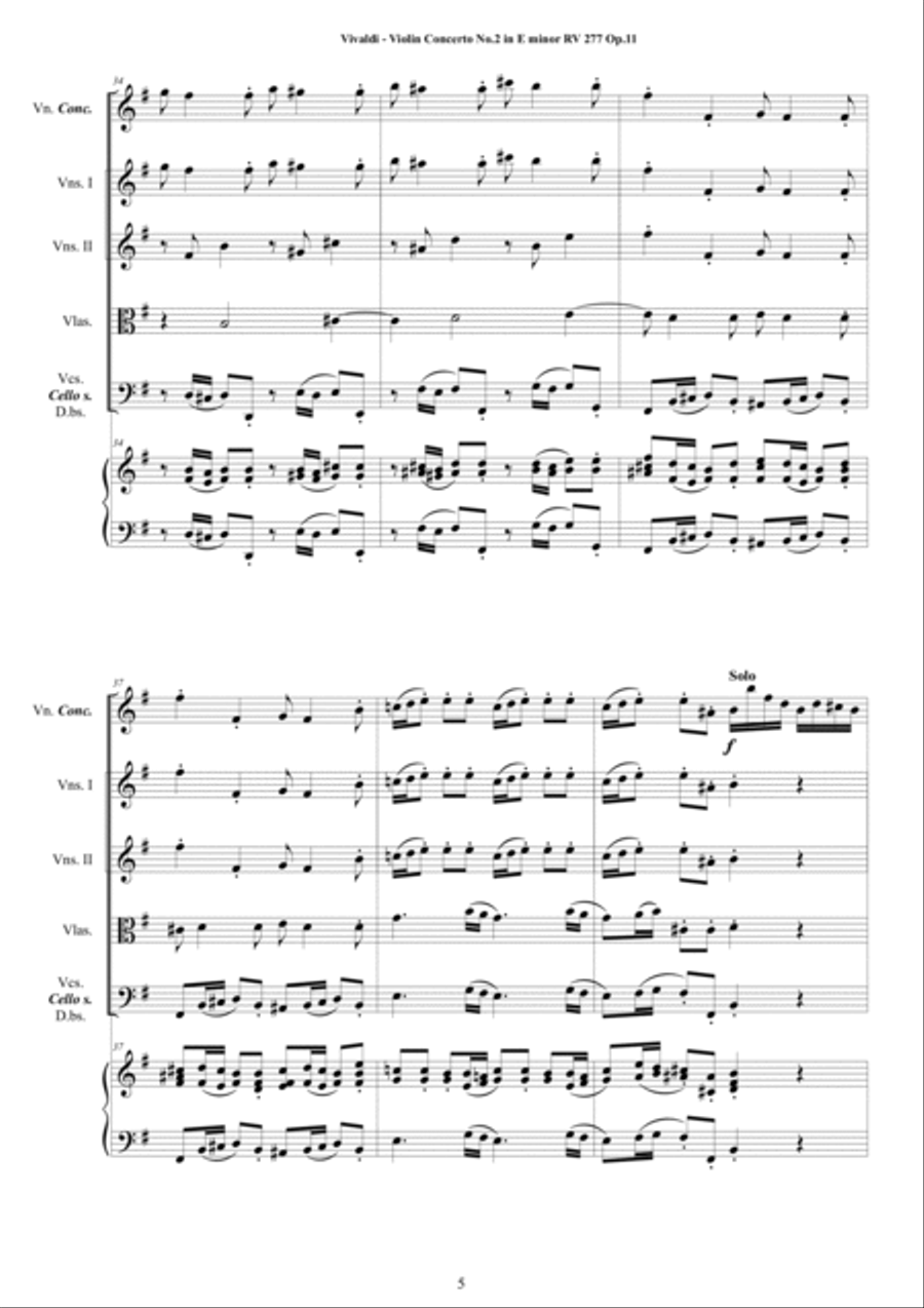 Vivaldi - Violin Concerto No.2 in E minor 'Il Favorito' RV 277 Op.11 for Violin, Strings and Cembalo Chamber Orchestra scores gallery preview page 5