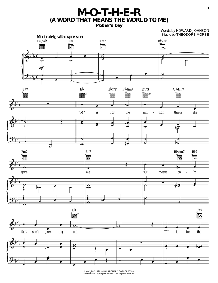 M-O-T-H-E-R (A Word That Means The World To Me) Piano, Vocal, Guitar scores gallery preview page 1