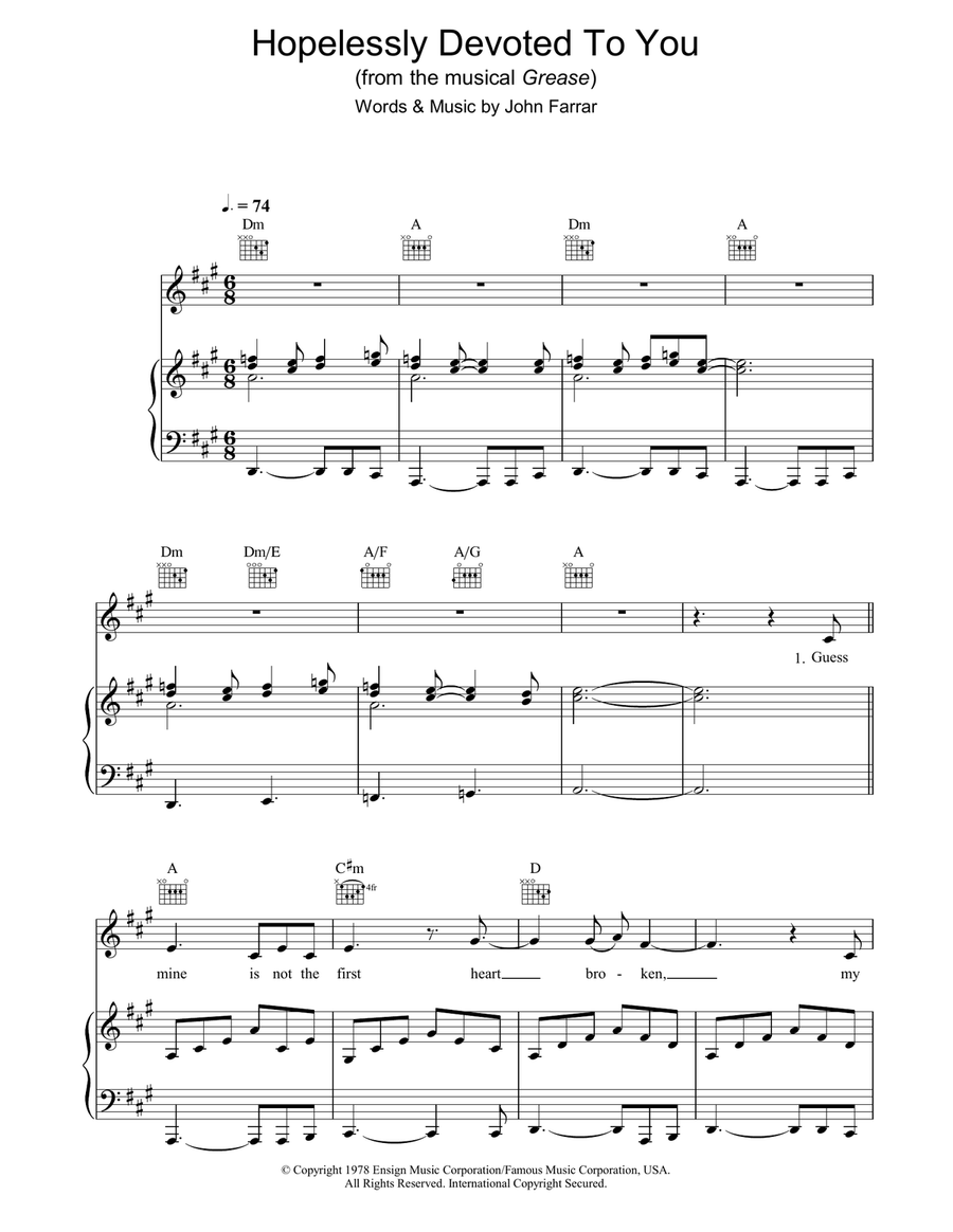 Hopelessly Devoted To You Piano, Vocal, Guitar scores gallery preview page 1