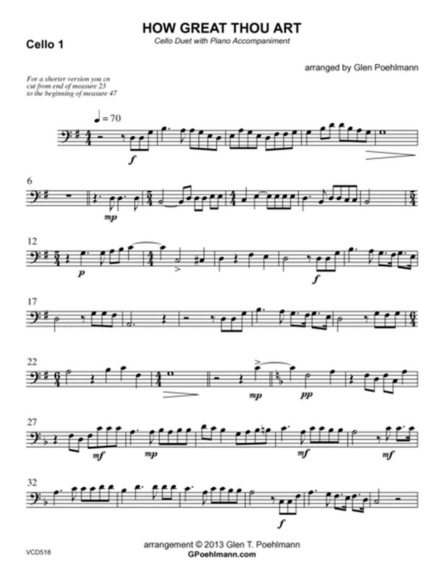 HOW GREAT THOU ART - Cello Duet with Piano Accompaniment (Grade 3-) image number null