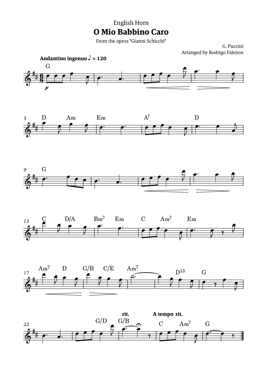 O Mio Babbino Caro - for english horn solo (with chords) image number null