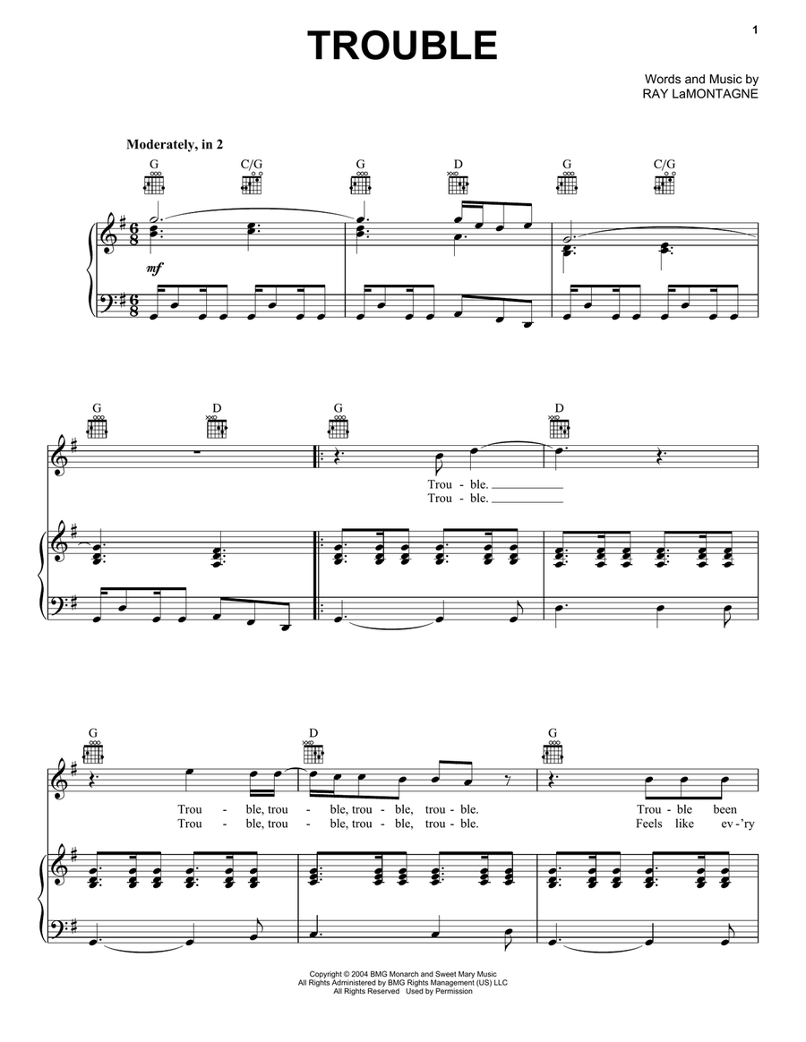 Trouble Piano, Vocal, Guitar scores gallery preview page 1