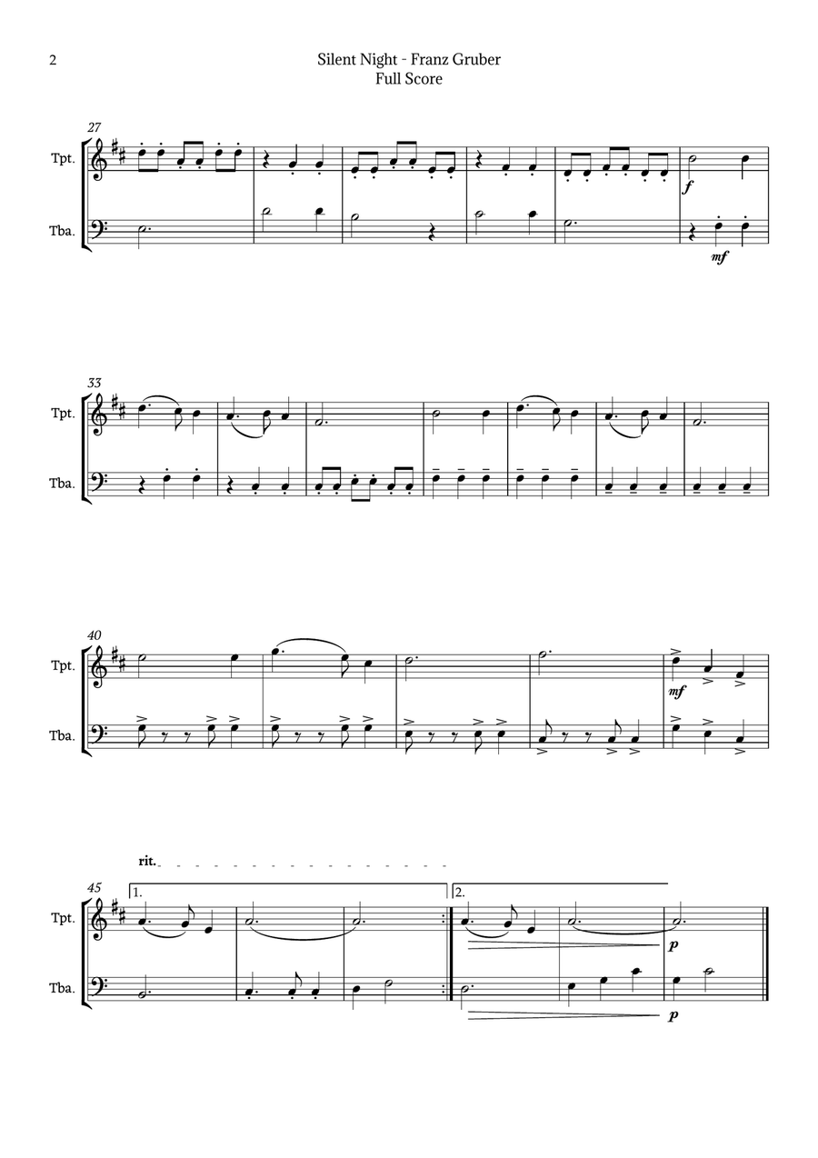 Silent Night for Trumpet and Tuba Duet Brass Duet scores gallery preview page 2