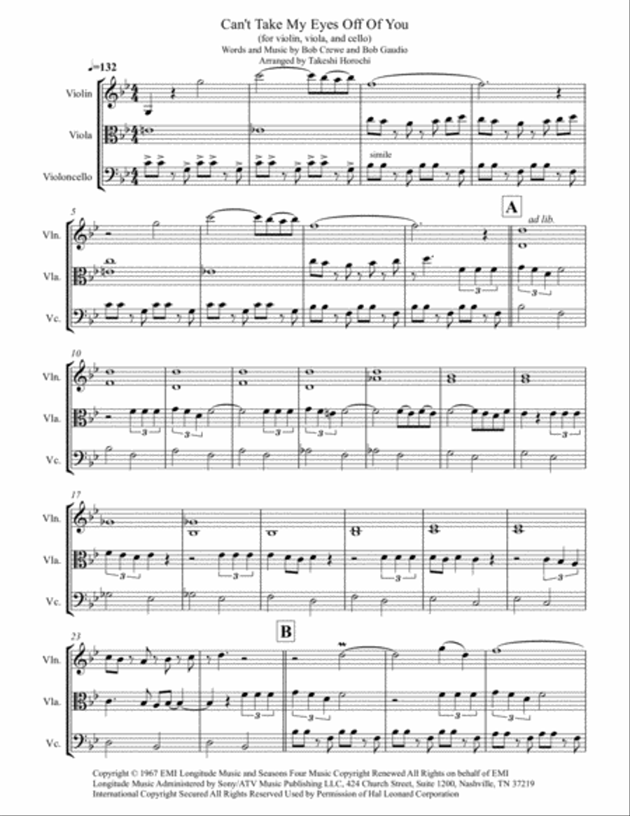 Can't Take My Eyes Off Of You String Trio scores gallery preview page 1