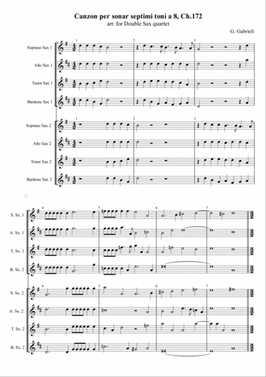 G. Gabrieli - Canzon per sonar septimi toni a 8, Ch.172, arr. for Double Sax quartet Saxophone Quartet scores gallery preview page 1