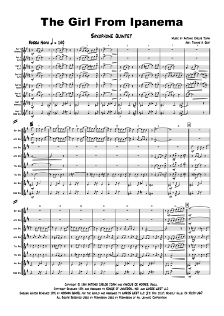The Girl From Ipanema (Garota De Ipanema) Saxophone Quintet scores gallery preview page 2