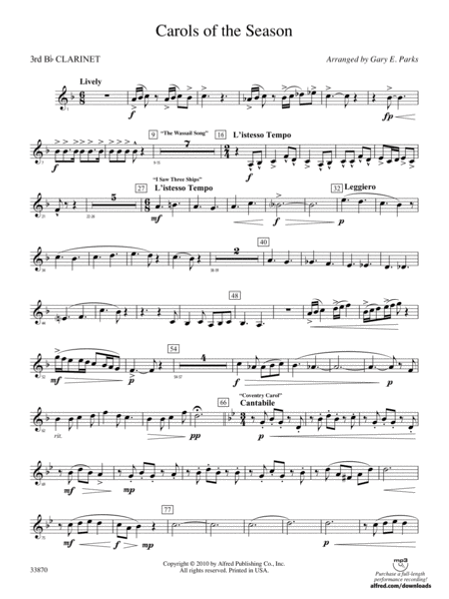 Carols of the Season: 3rd B-flat Clarinet Concert Band scores gallery preview page 1