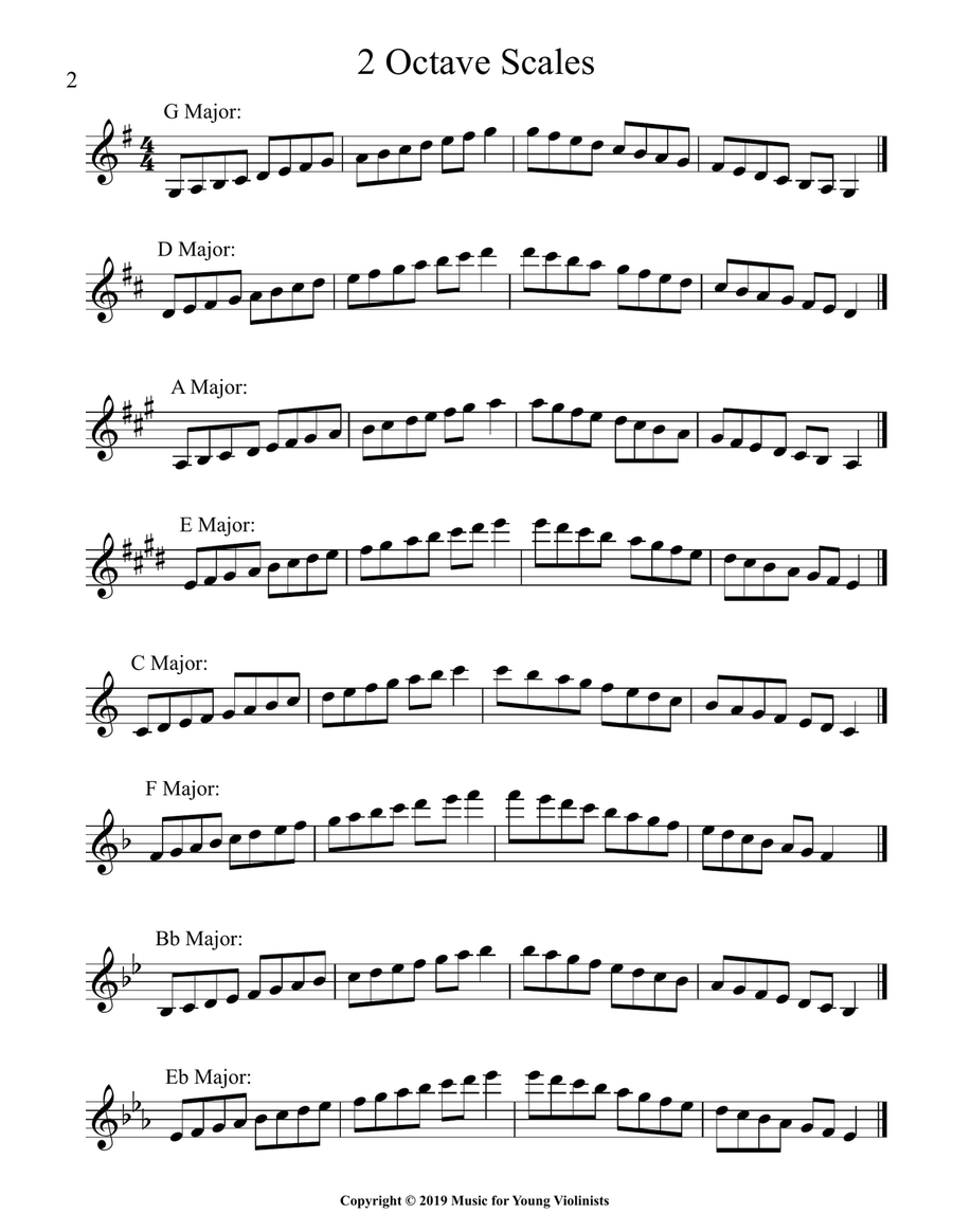 13 Bowing Patterns for Scales (+ Harmony) in the Keys of G, D, A, E, C, F, Bb & Eb Violin Solo scores gallery preview page 5