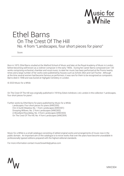 Ethel Barns - On The Crest Of The Hill, No. 4 from "Landscapes, four short pieces for piano"