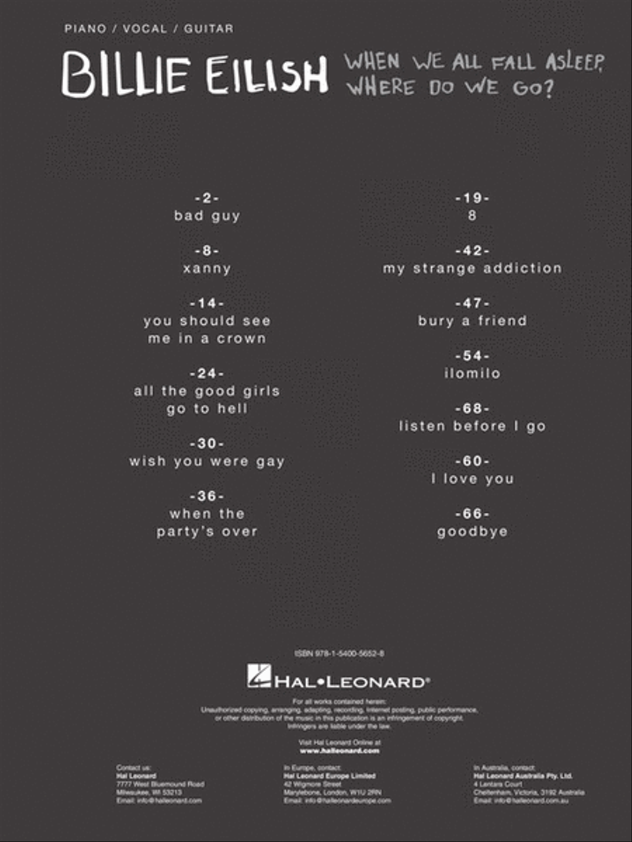 Billie Eilish – When We All Fall Asleep, Where Do We Go? Piano, Vocal, Guitar scores gallery preview page 3