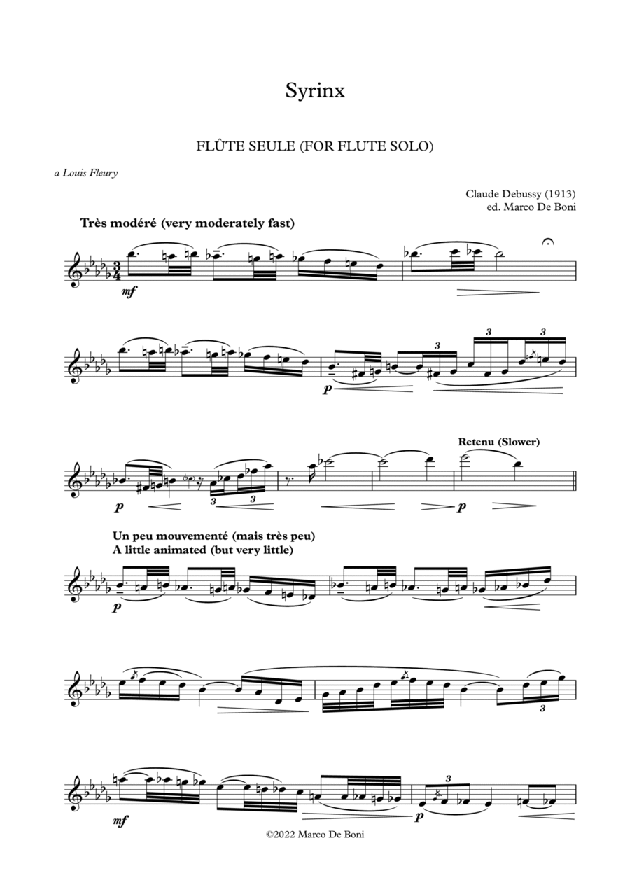 Debussy - Syrinx for solo flute (with English translations) Flute Solo scores gallery preview page 1