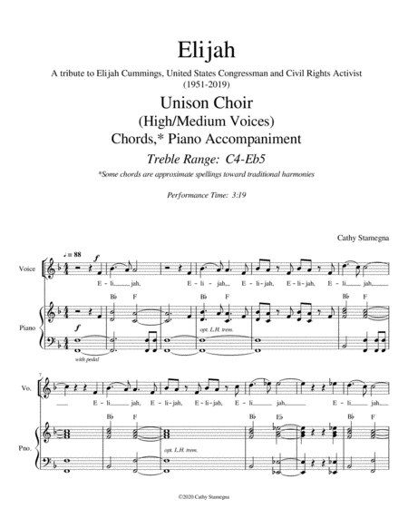 Elijah - A Tribute to Elijah Cummings (Unison Choir-High/Medium Voices, Chords, Piano Acc.) image number null