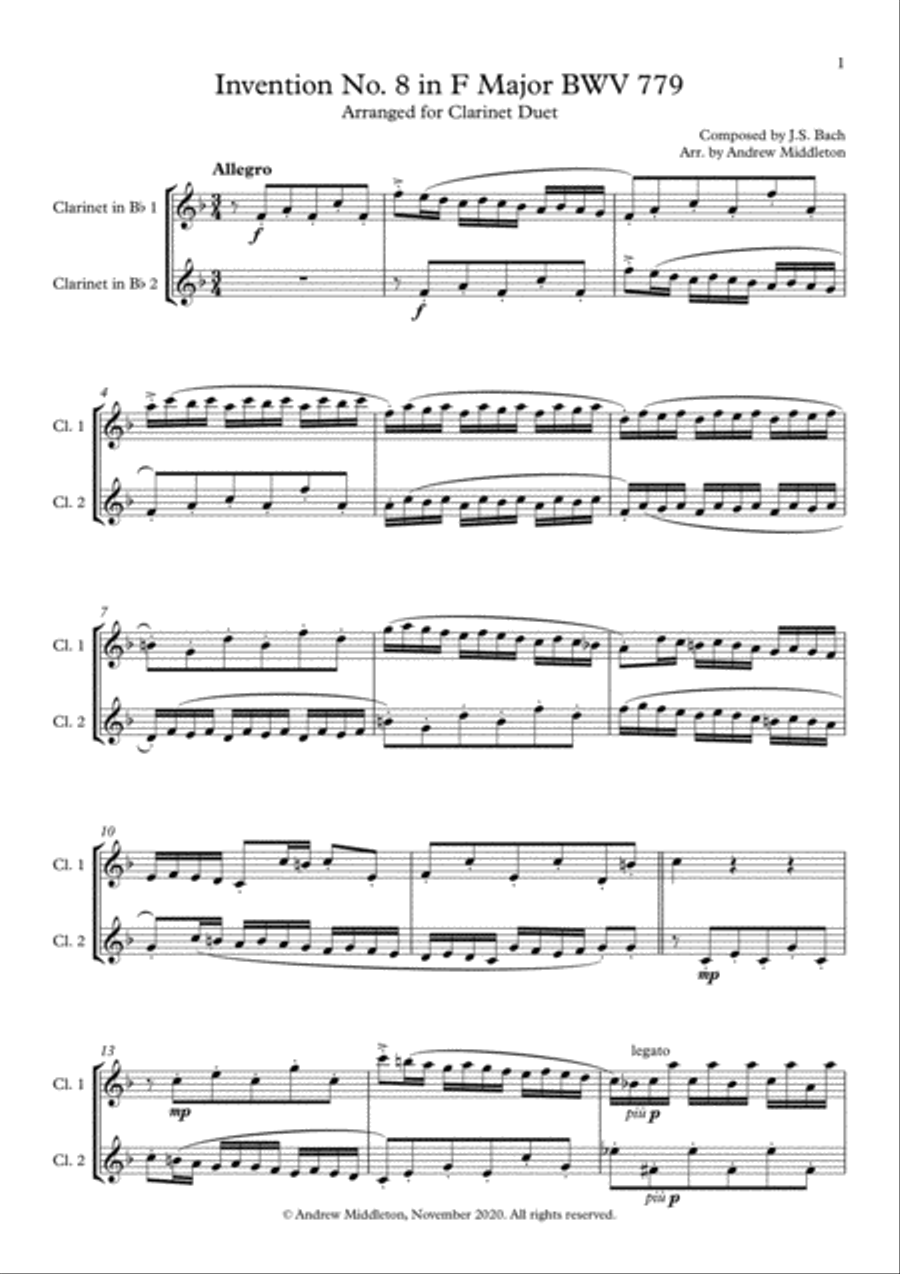 Invention No. 4 in F Major arranged for Clarinet Duet Clarinet Duet scores gallery preview page 3