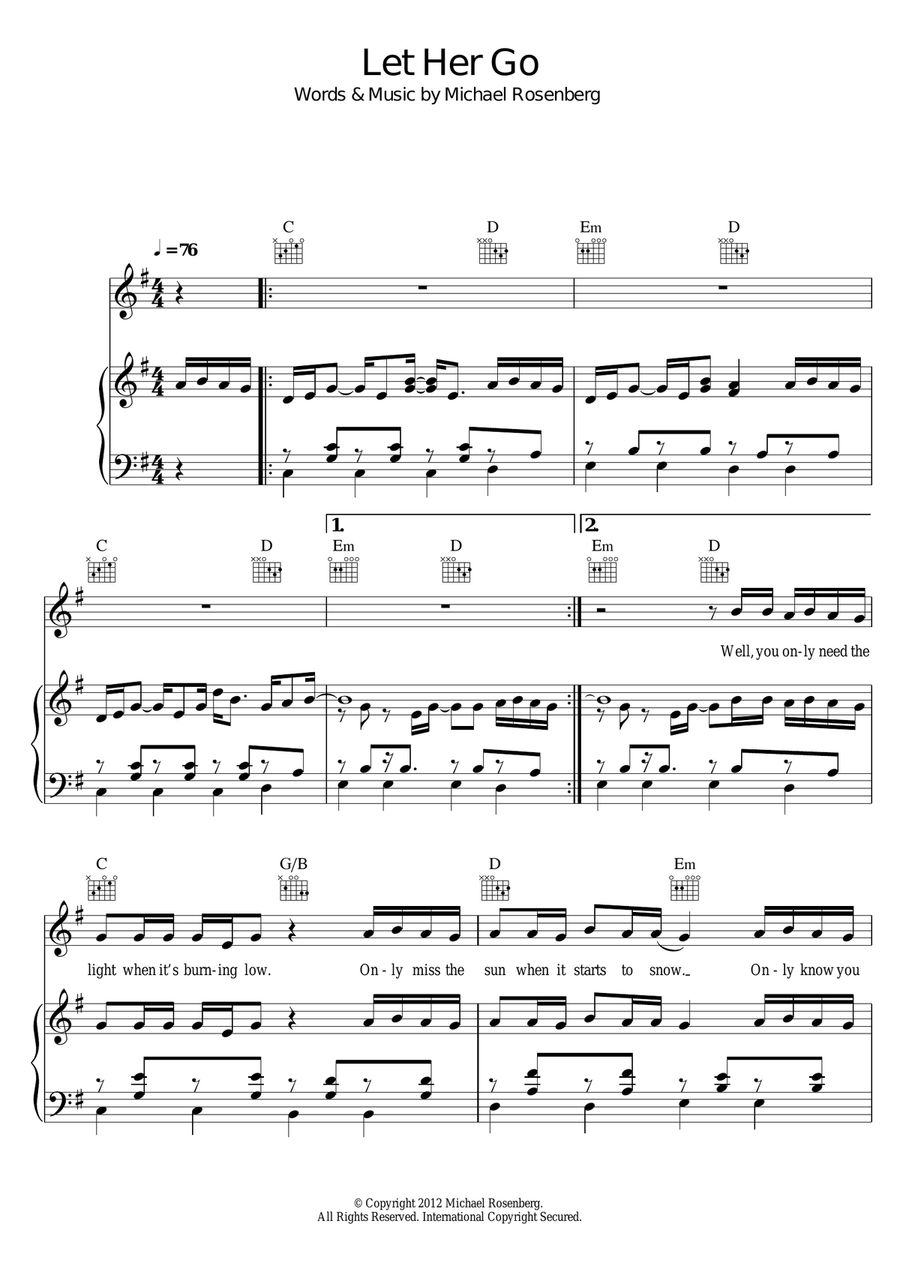 Let Her Go Piano, Vocal scores gallery preview page 1