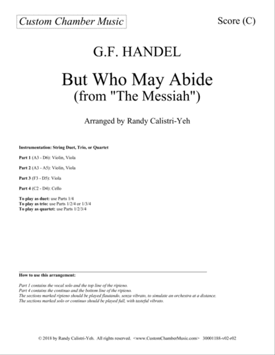 But Who May Abide - Handel Messiah (string duet, trio, or quartet) String Quartet scores gallery preview page 1