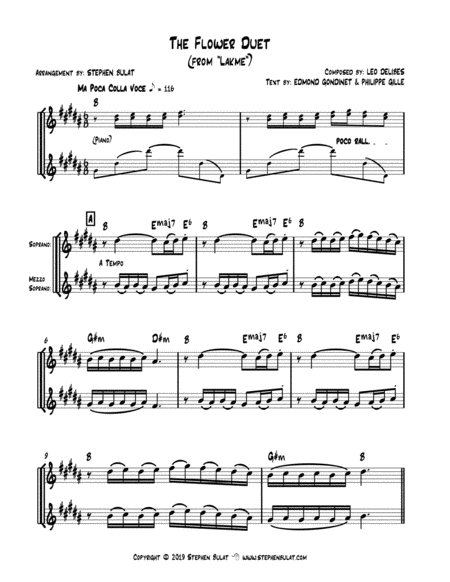 The Flower Duet (from "Lakme") - lead sheet for treble clef duo (key of B)