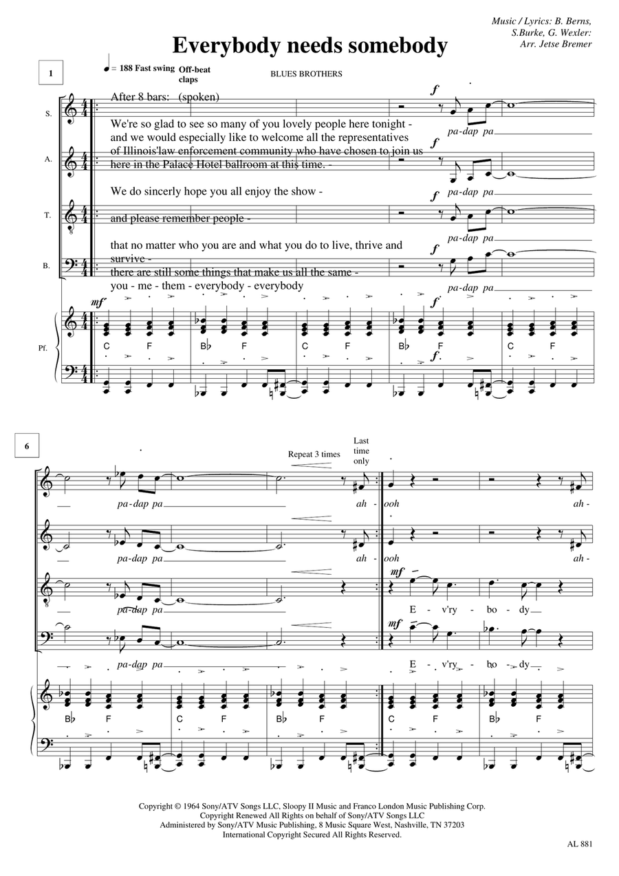 Everybody Needs Somebody To Love 4-Part scores gallery preview page 1