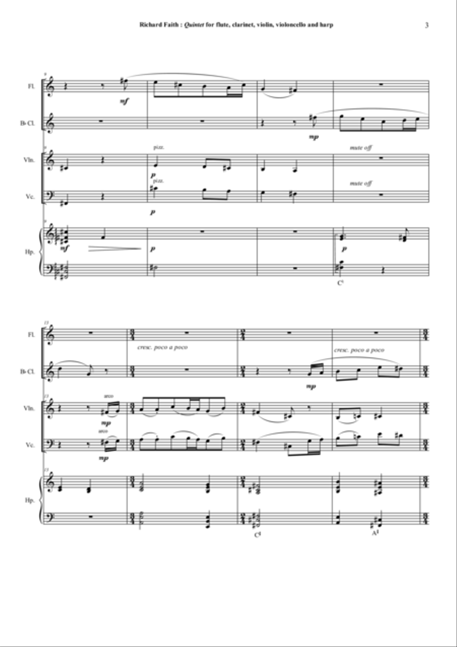 Richard Faith : Quintet for flute, clarinet, violin, violonello and harp, score only Small Ensemble scores gallery preview page 3