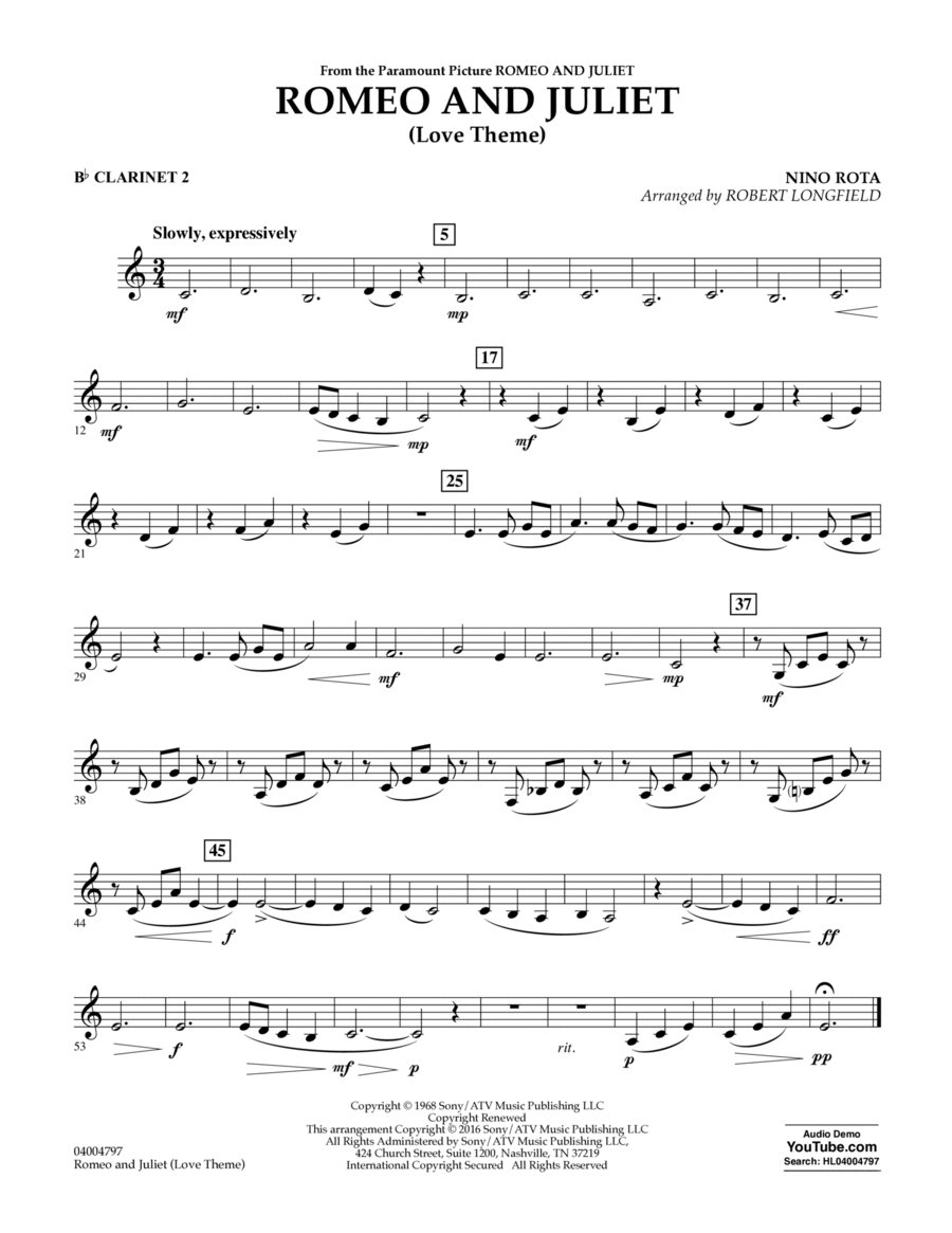 Romeo and Juliet (Love Theme) - Bb Clarinet 2