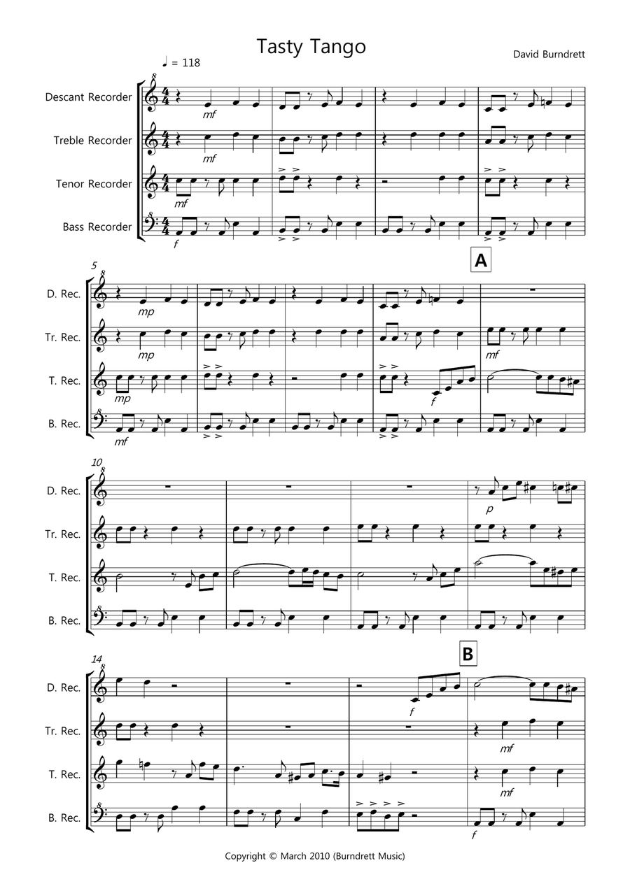 Tasty Tango for Recorder Quartet Recorder scores gallery preview page 1
