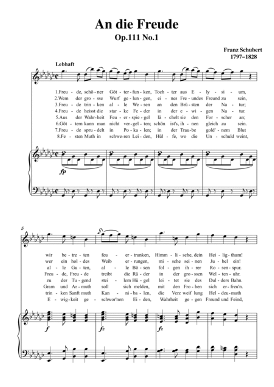 Schubert-An die Freude,Op.111 No.1 in bG for Vocal and Piano Voice scores gallery preview page 2