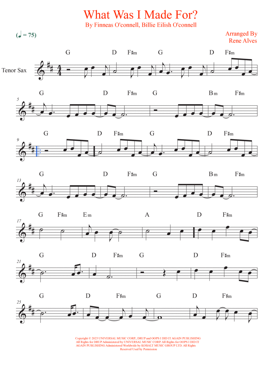 What Was I Made For? Tenor Saxophone scores gallery preview page 1