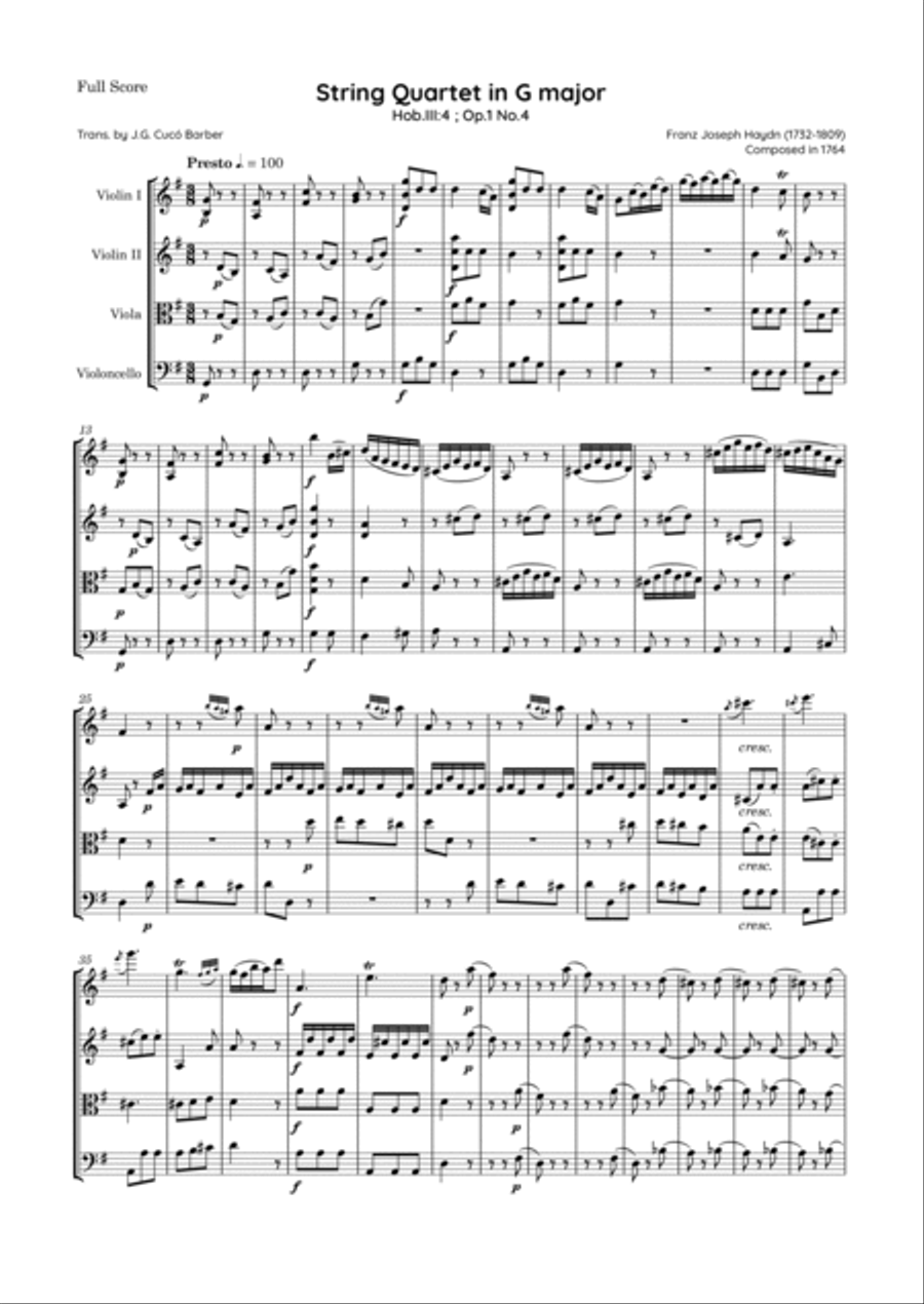 Haydn - String Quartet in G major, Hob.III:4 ; Op.1 No.4 String Quartet scores gallery preview page 2