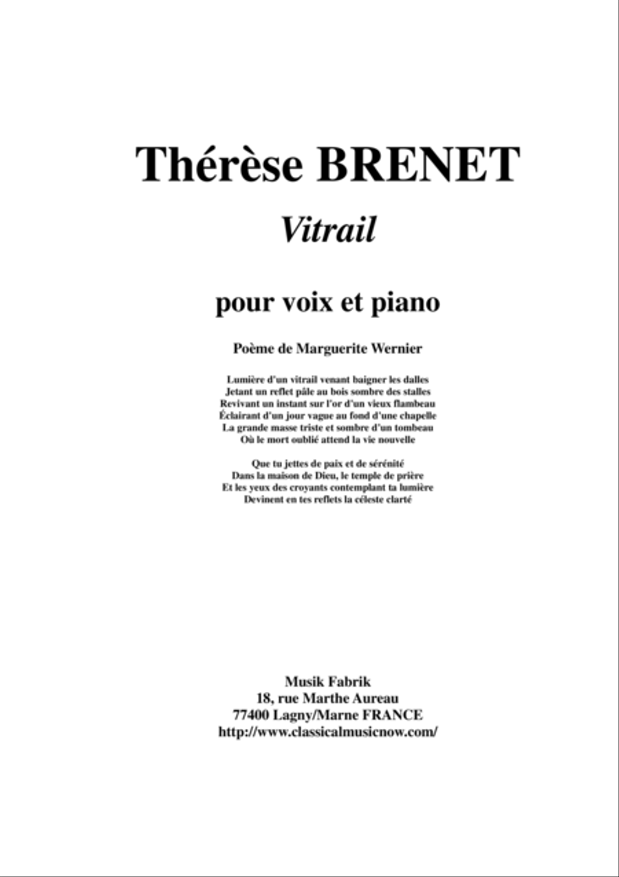 Therese Brenet : Vitrail for medium voice and piano Medium Voice scores gallery preview page 1