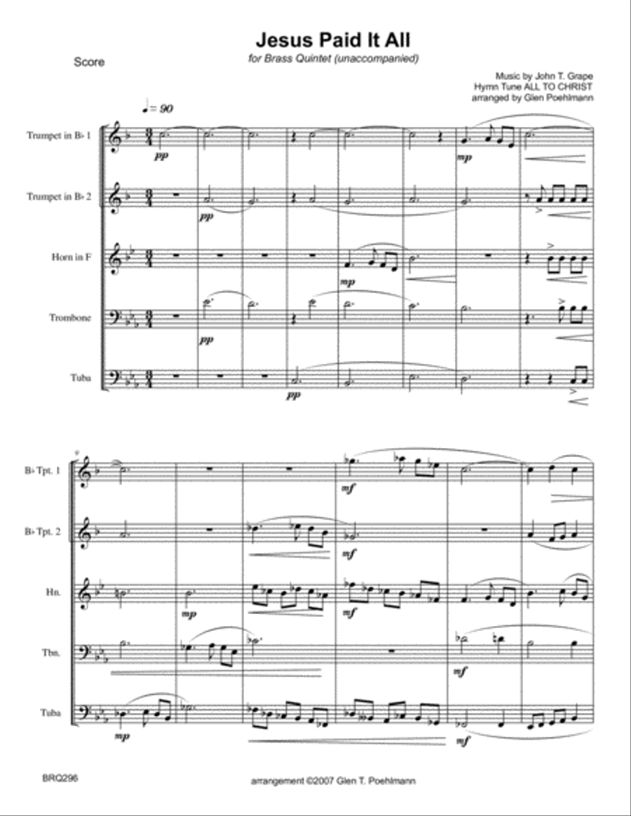 JESUS PAID IT ALL - BRASS QUINTET (unaccompanied) Brass Quintet scores gallery preview page 1