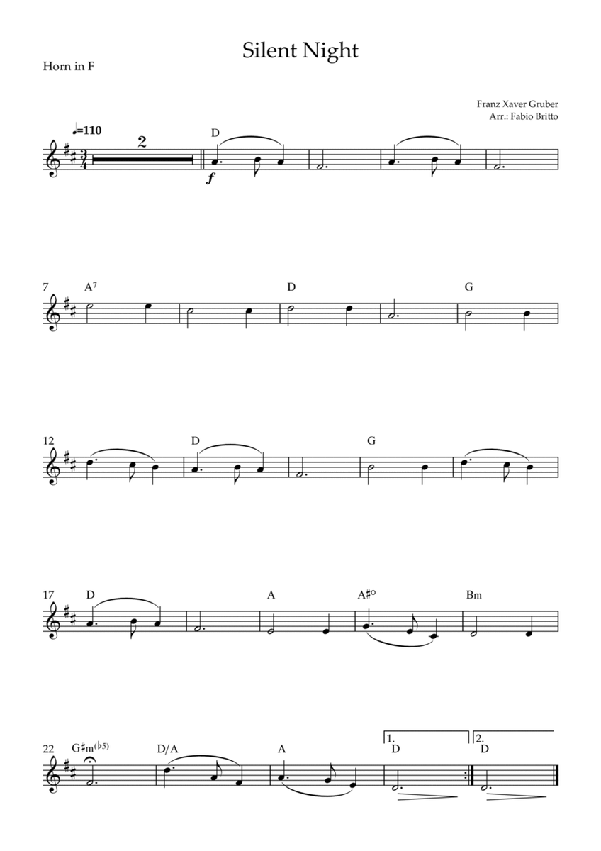 Silent Night (Christmas Song) for Horn in F Solo with Chords