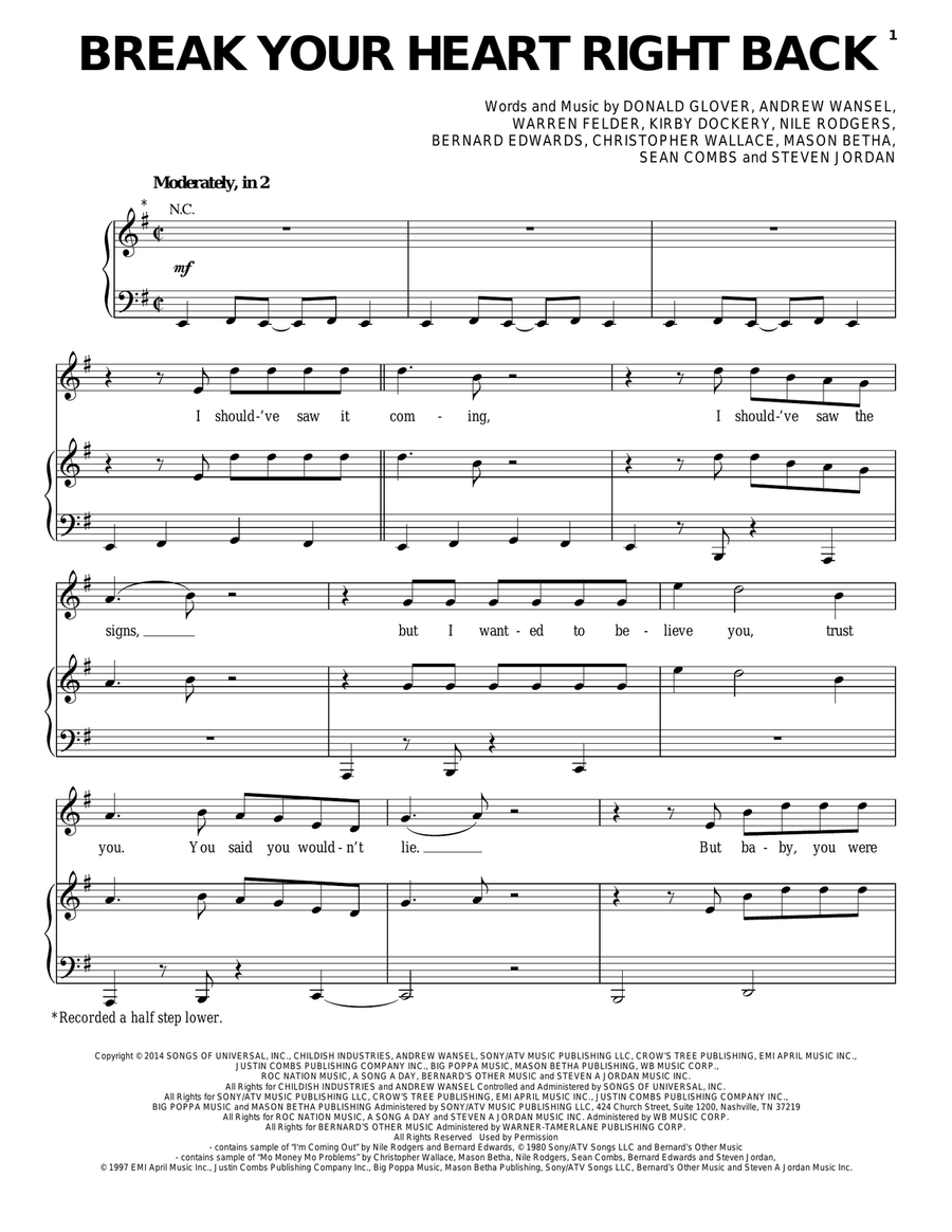 Break Your Heart Right Back Piano, Vocal, Guitar scores gallery preview page 1