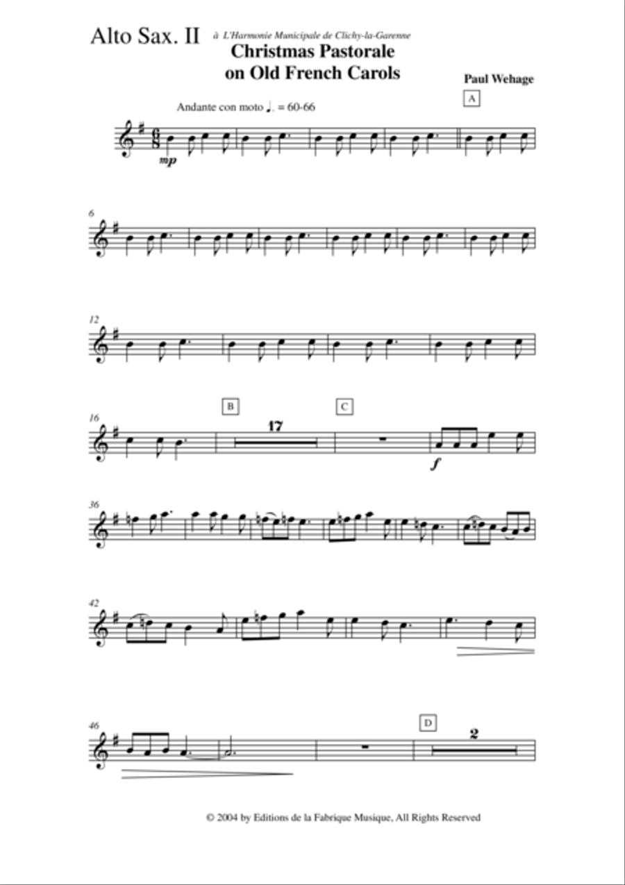 Paul Wehage: Christmas Pastorale on Old French Carols for concert band, alto saxophone 2 part Concert Band scores gallery preview page 2