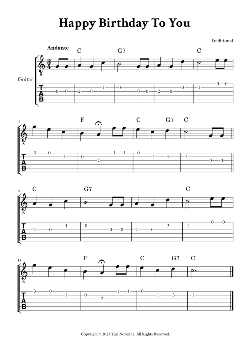 Happy Birthday To You - For Classical Guitar (C Major - with TAB, Chords) image number null