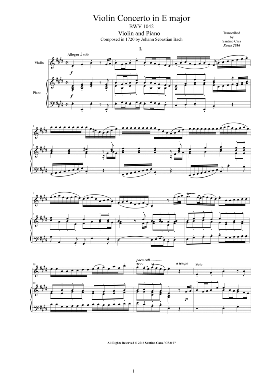 Bach - Violin Concerto in E major BWV1042 for Violin and Piano Violin Solo scores gallery preview page 1