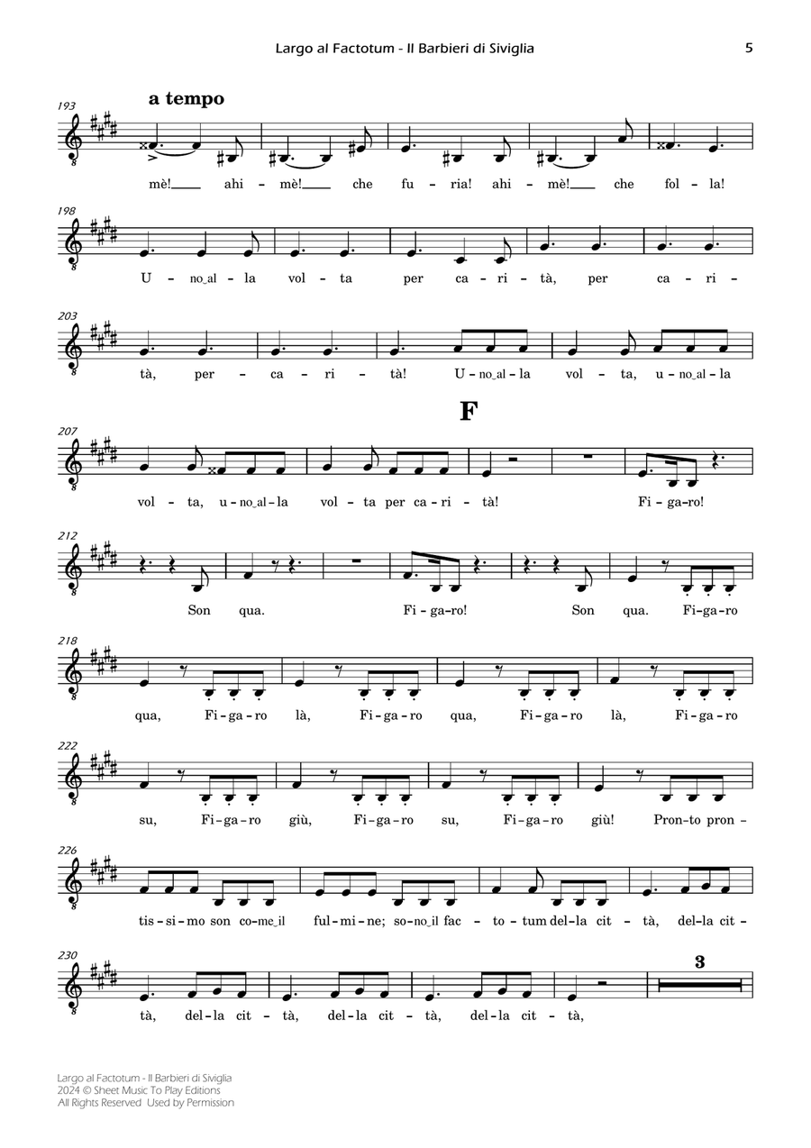 Largo al Factotum - Voice and Piano - E Major (Individual Parts) Piano, Vocal scores gallery preview page 5