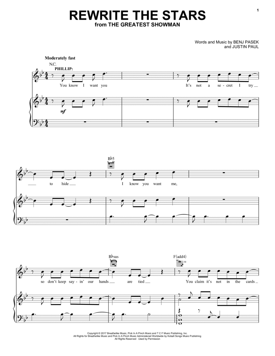 Rewrite The Stars (from The Greatest Showman) Piano, Vocal, Guitar scores gallery preview page 1