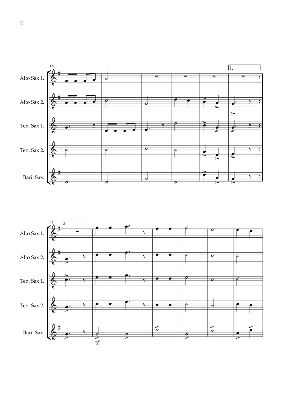 Joy To The World Sax quintet easy beginner Saxophone Quintet scores gallery preview page 2