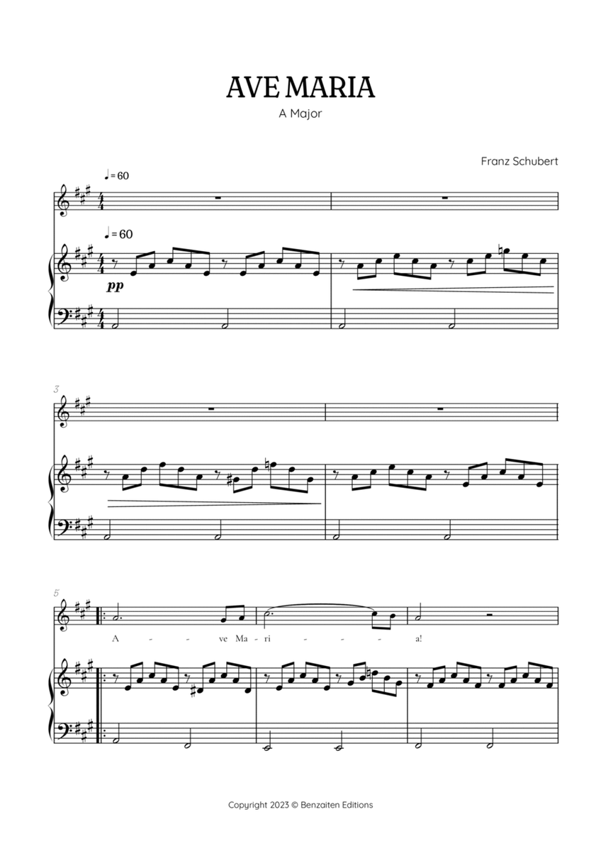 Schubert Ave Maria in A Major • alto voice sheet music with easy piano accompaniment image number null