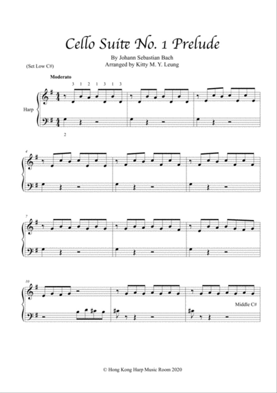 Cello Suite No.1 Prelude by J.S.Bach for Small Lever Harp Cello scores gallery preview page 3