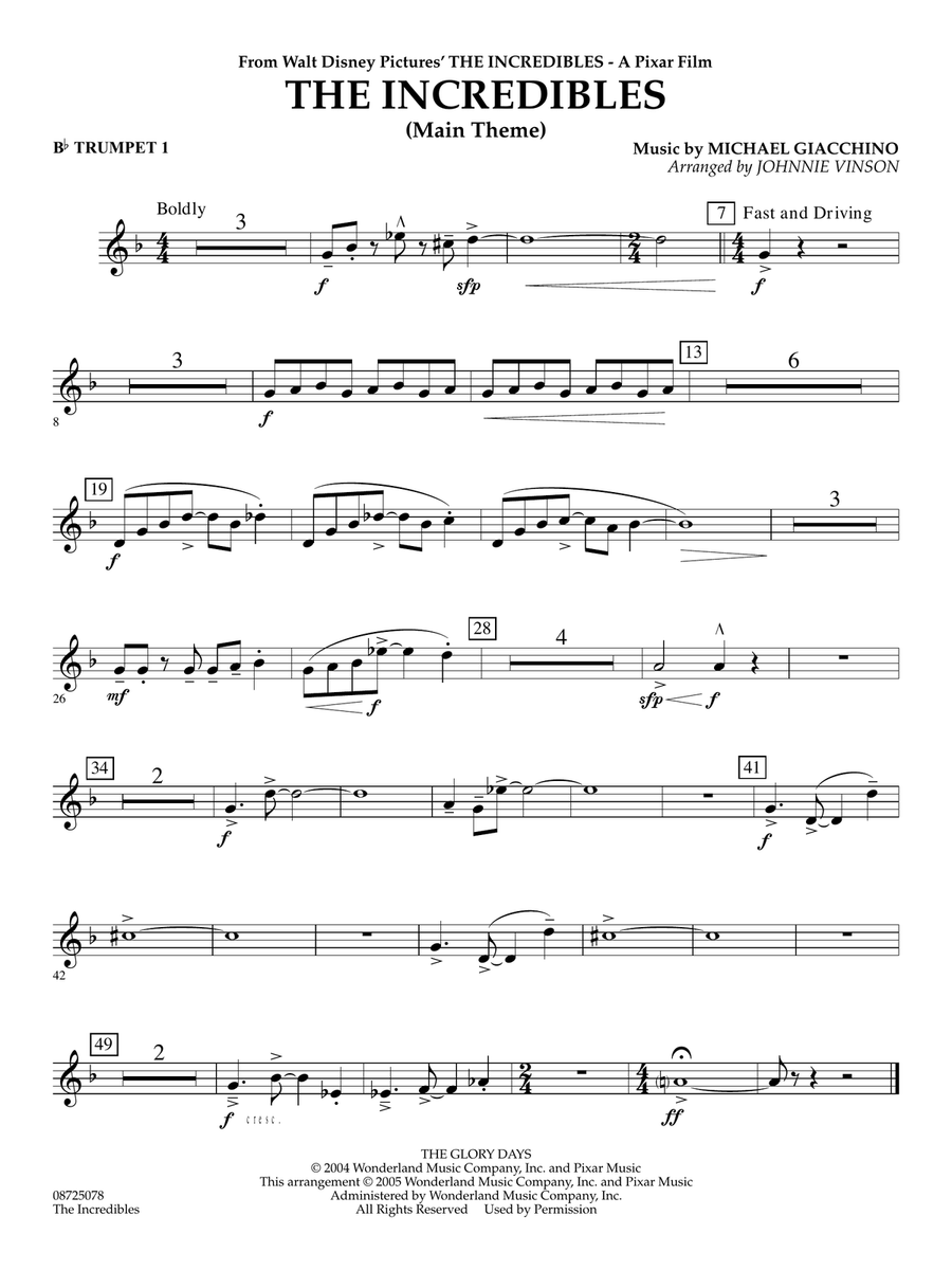 The Incredibles (Main Theme) (arr. Johnnie Vinson) - Bb Trumpet 1 Concert Band scores gallery preview page 1