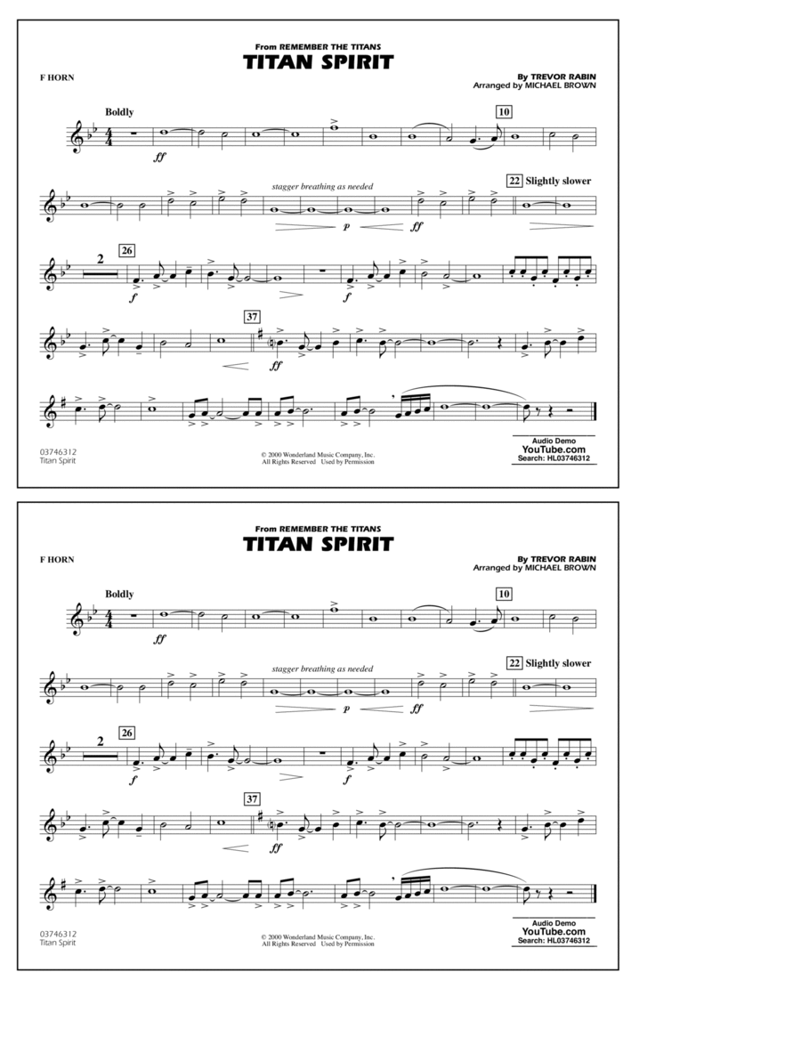 Titan Spirit (from Remember the Titans) (arr. Michael Brown) - F Horn Horn scores gallery preview page 1